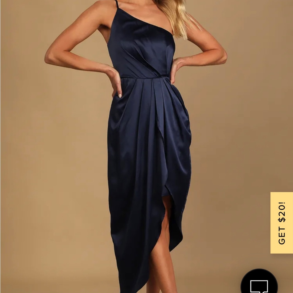 Law of Attraction Navy Blue One-Shoulder Asymmetrical Midi Dress Satin